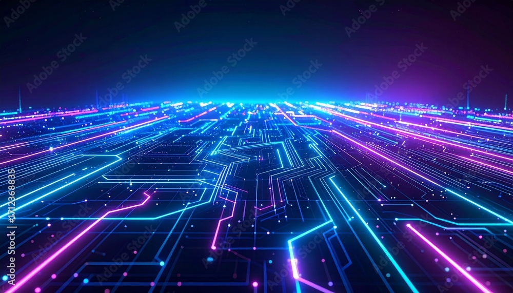 Aufkleber neon circuit grid – glowing holographic circuit lines forming an intricate network on a dark gradien