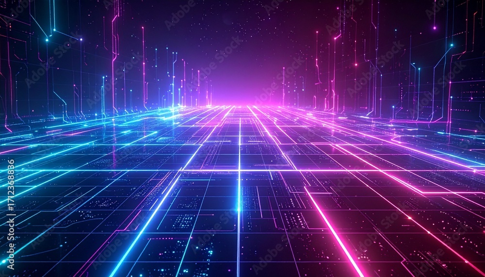 Poster neon circuit grid – glowing holographic circuit lines forming an intricate network on a dark gradien