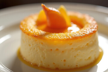 Creamy caramel flan dessert topped with orange slice on plate  