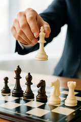 Capture the essence of strategic thinking with this image of a hand moving a chess king. Ideal for illustrating business leadership, decision-making, and strategic planning concepts.