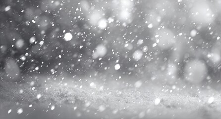 Obraz premium A grayscale, soft-focus image of falling snow. A slight slope of snow is at the bottom. Blurred, out-of-focus background elements
