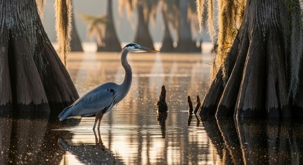 Great Blue Heron Stands in Shallow Water Amidst Cypress Trees at Sunrise