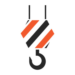 Black and orange striped crane hook with black suspension lines industrial construction
