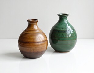 Title:
Two ceramic vases on white surface, one green and one brown with striped patterns