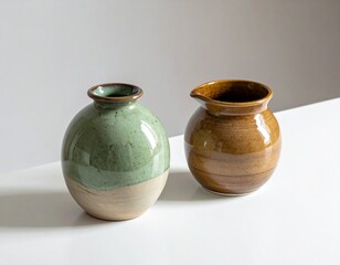 Title:
Two ceramic vases on white surface, one green and beige, one brown with trough
