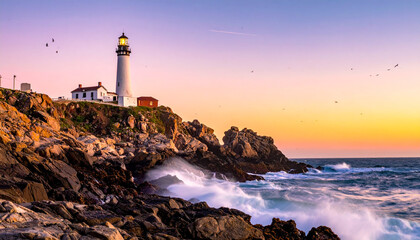 Naklejka premium Lighthouse on rocky cliff at sunrise with pastel horizon and ocean waves in tranquil coastal photography