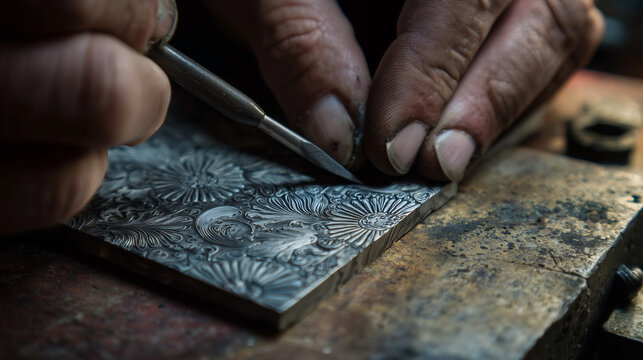A man is cutting a piece of metal with a pair of scissors