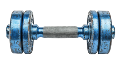 A meticulously rendered 3d illustration of a vintage blue dumbbell isolated on transparent background perfect for exercise and fitness related projects.
