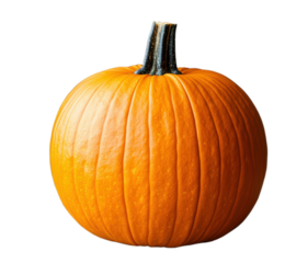 Freshly harvested vibrant orange pumpkin with a detailed texture and dark green stem isolated on transparent background perfect for autumn holiday designs.