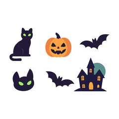 Halloween Icon Set – Black Cat, Pumpkin, Bat, Haunted House Vector