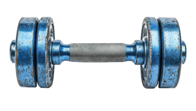 A meticulously rendered 3d illustration of a vintage blue dumbbell isolated on transparent background perfect for exercise and fitness related projects.