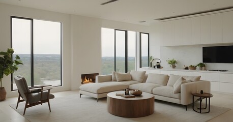 Fototapeta premium Modern interior design features a luxurious open-plan living room with kitchen, elegant furniture, wooden floors, and large windows.