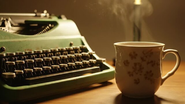 vintage typewriter and steaming mug with warm light