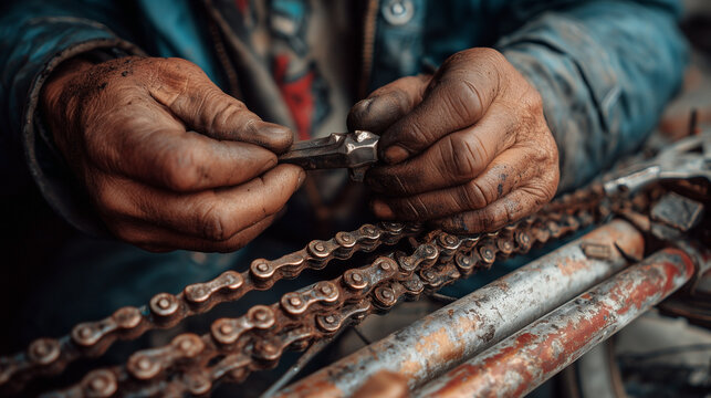 A man is working on a bicycle chain - Powered by Adobe