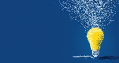 Creative idea lightbulb with tangled lines representing complex thoughts.