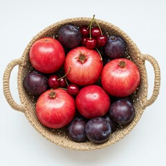 Natural jute basket filled with pomegranates cherries and plums