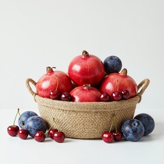 Natural jute basket filled with pomegranates cherries and plums