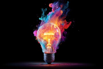 Creative idea concept with a glowing lightbulb and vibrant smoke.