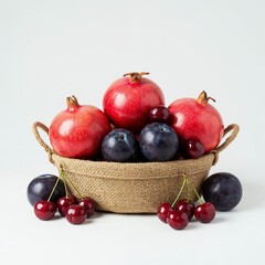 Natural jute basket filled with pomegranates cherries and plums