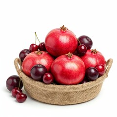 Natural jute basket filled with pomegranates cherries and plums