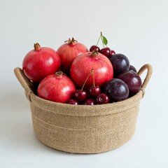 Natural jute basket filled with pomegranates cherries and plums