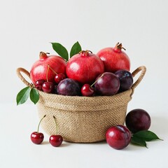 Natural jute basket filled with pomegranates cherries and plums