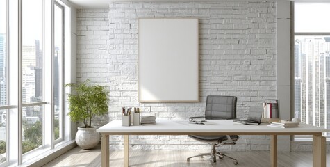 Modern office interior with a blank mockup frame on a white brick wall.
