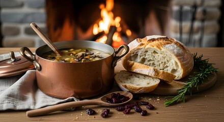 Cozy soup and bread by fireplace warm meal food photography delicious homemade bread soup dinner lunch