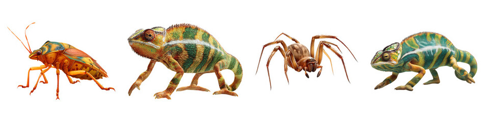 Obraz premium Assorted small creatures including chameleons and isolated on transparent background.