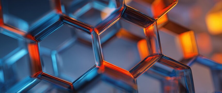 Molecular Structure: A mesmerizing composition showcasing a vibrant interplay of interconnected hexagonal structures, rendered in a gradient of vivid blue and fiery orange hues.