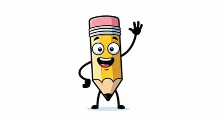 Cheerful Cartoon Pencil with Arms and Legs Waving Hello, Featuring a Pink Eraser and Bright Eyes, Set Against a Minimalist White Background