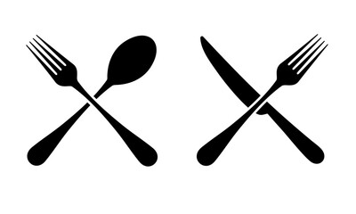 Crossed fork knife and spoon vector icon set. Black cutlery flat simple design isolated on white. Top view dark Silhouette tableware - spoon knife fork shapes. Vector kitchenware symbol illustration.
