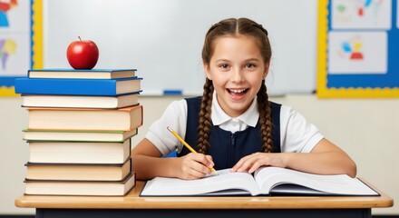 A joyful schoolgirl, around 8 years old, with braids and a bright smile, sitting at a desk surrounded by books, demonstrating a love for learning in a classroom setting.
