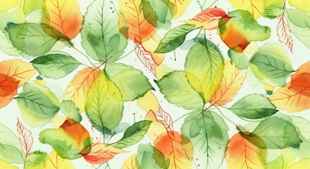 A Vibrant Collection of Watercolor Leaves and Fruits A Colorful Autumn Pattern Featuring Green, Yellow, and Orange Shades on a Light Background