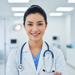 Smiling asian female doctor in white coat with stethoscope in a hospital setting