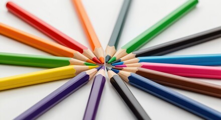 A vibrant arrangement of colored pencils radiating outward in a circular pattern, showcasing an array of colors on a clean white background.