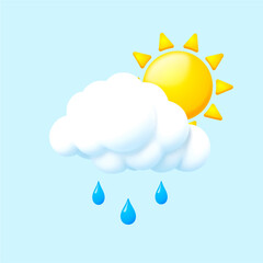 3d sun and cloud with rain drops icon. Sun and cloud with rain drops. Weather concept. 3d rendering. Vector illustration