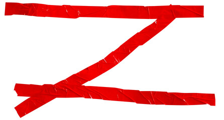 Blank three wrinkled red tape in a cross, meaning warning barrier, caution tape, hazard, crime scene, danger, police line, design for decoration on transparent background
