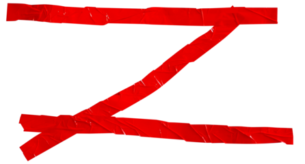 Blank three wrinkled red tape in a cross, meaning warning barrier, caution tape, hazard, crime scene, danger, police line, design for decoration on transparent background
