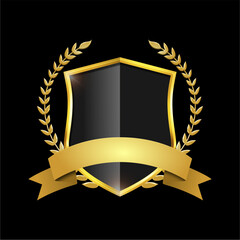 Golden shield with laurel wreath and ribbon. Vector illustration.