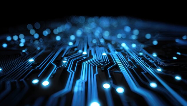 Futuristic Blue Glowing Circuit Board Technology Background.