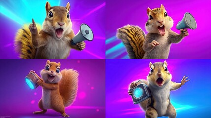 Four cartoon chipmunks, each holding different objects, in vibrant purple and blue backgrounds