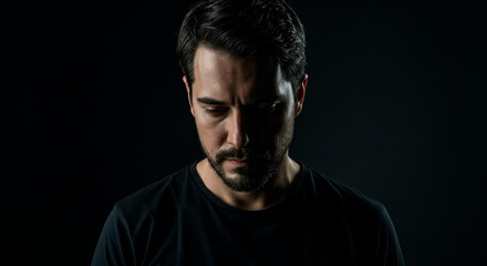 Naklejka premium Man looking down with a thoughtful and melancholic expression. Concept of sadness, regret, or deep contemplation for editorial use.