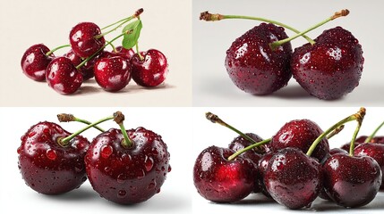 Collage of ripe red cherries with stems, some showing droplets