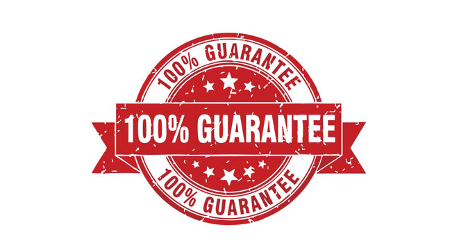Red circular stamp with ribbon, proclaiming a 100% guarantee.