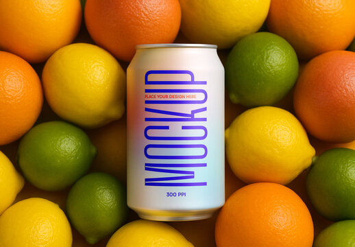 Realistic Soda Can Mockup on Fresh Citrus Fruits Background with Lemons, Oranges and Limes