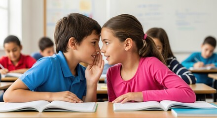 Two Young Children Engaged in a Whispering Conversation at a Classroom Desk Surrounded by Peers, Promoting Friendship and Communication Skills