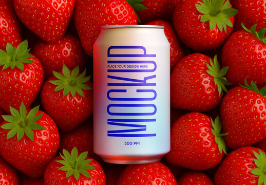 Realistic Aluminum Can Mockup on Strawberry Background &ndash; High Quality Editable Soda Packaging Template for Branding and Design Presentations