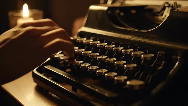 hands typing on vintage typewriter by candlelight