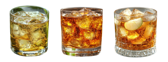 Three glasses of whiskey with ice cubes, each with a different garnish, PNG, isolated on transparent background.